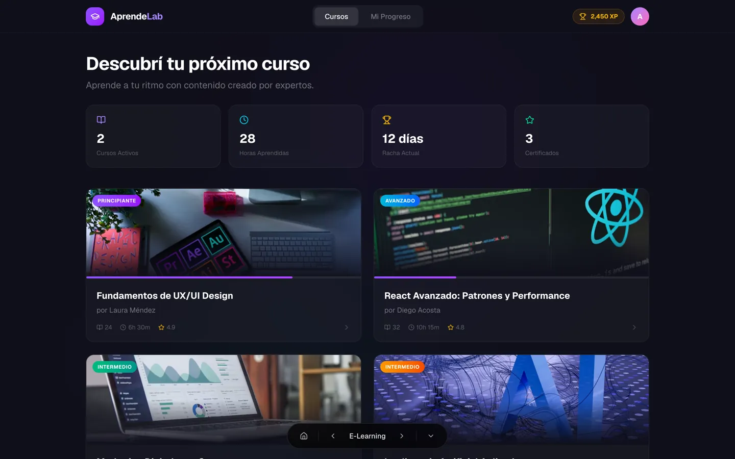 Captura de la demo Plataforma de cursos